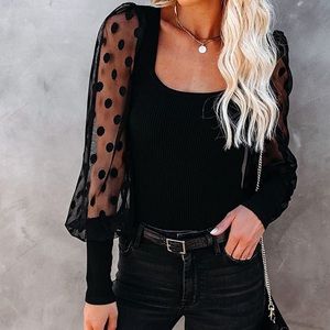 Black sheer long sleeve polka dot blouse fitted
